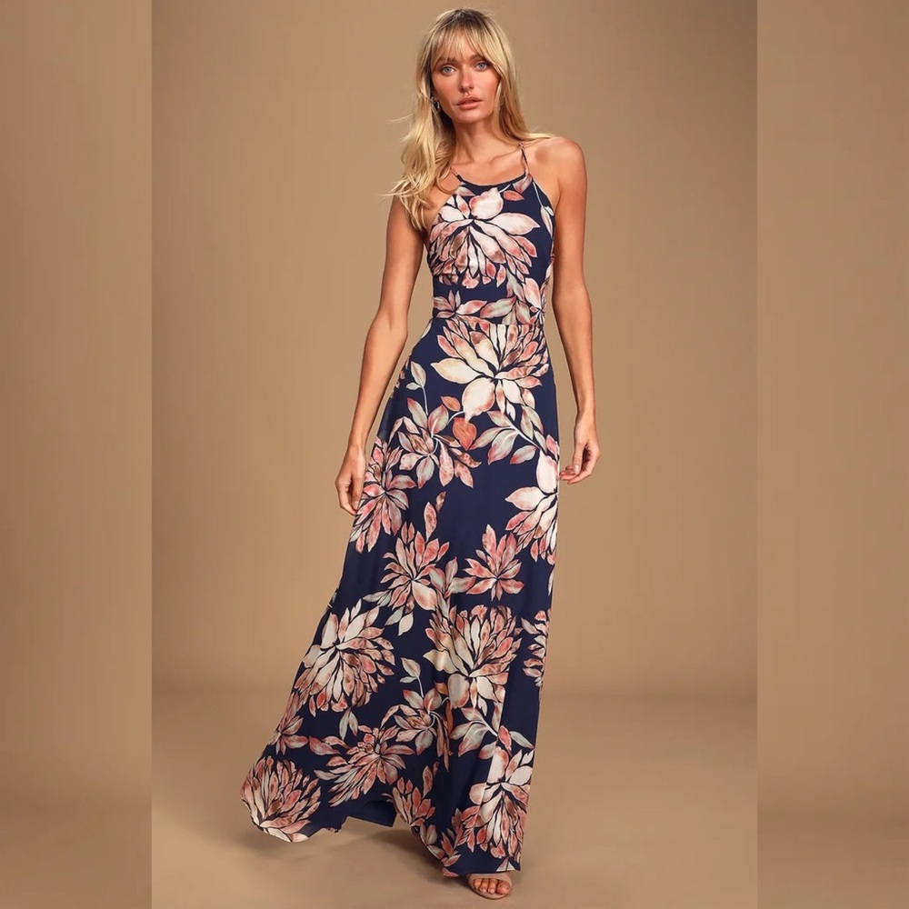Lulus Adventurer Seeker Navy Blue Floral Print Maxi Dress Small